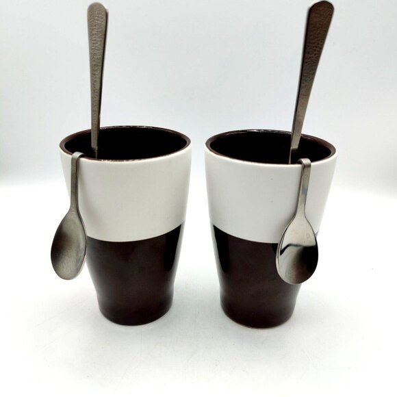 Two Tone Ceramic Coffee Mugs With Hanging Spoons 10 oz Cappuccino Latte Cups - Picture 1 of 7